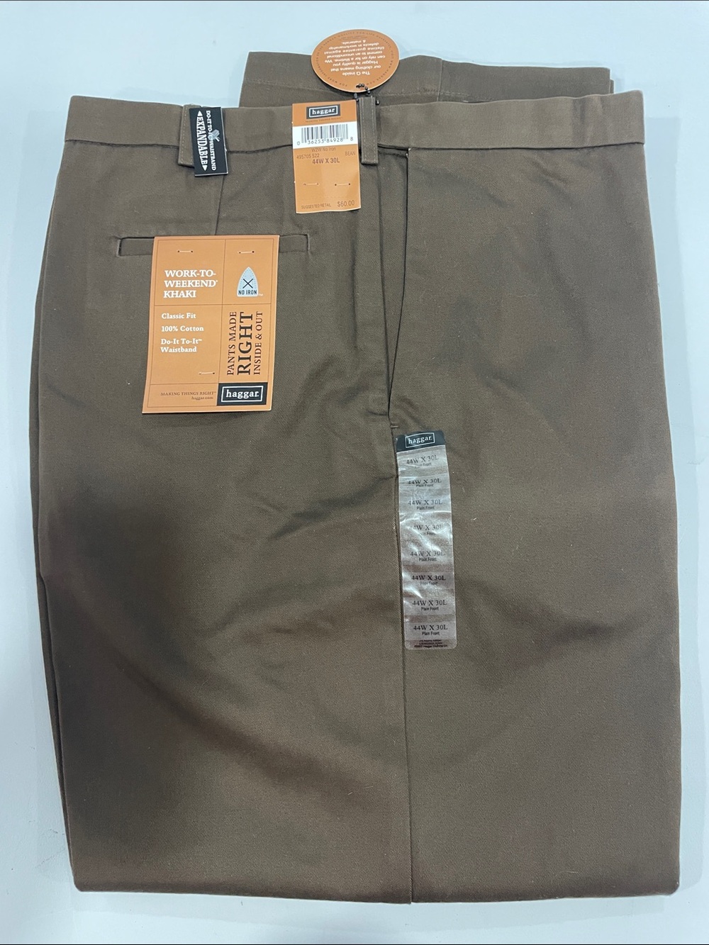 Men’s Haggar new work to weekend khaki classic flat front pants 44x30 bean brown